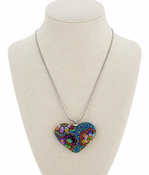 925 Sterling Silver Colorful 2" Beaded Heart Pendant Necklace Boho Statement